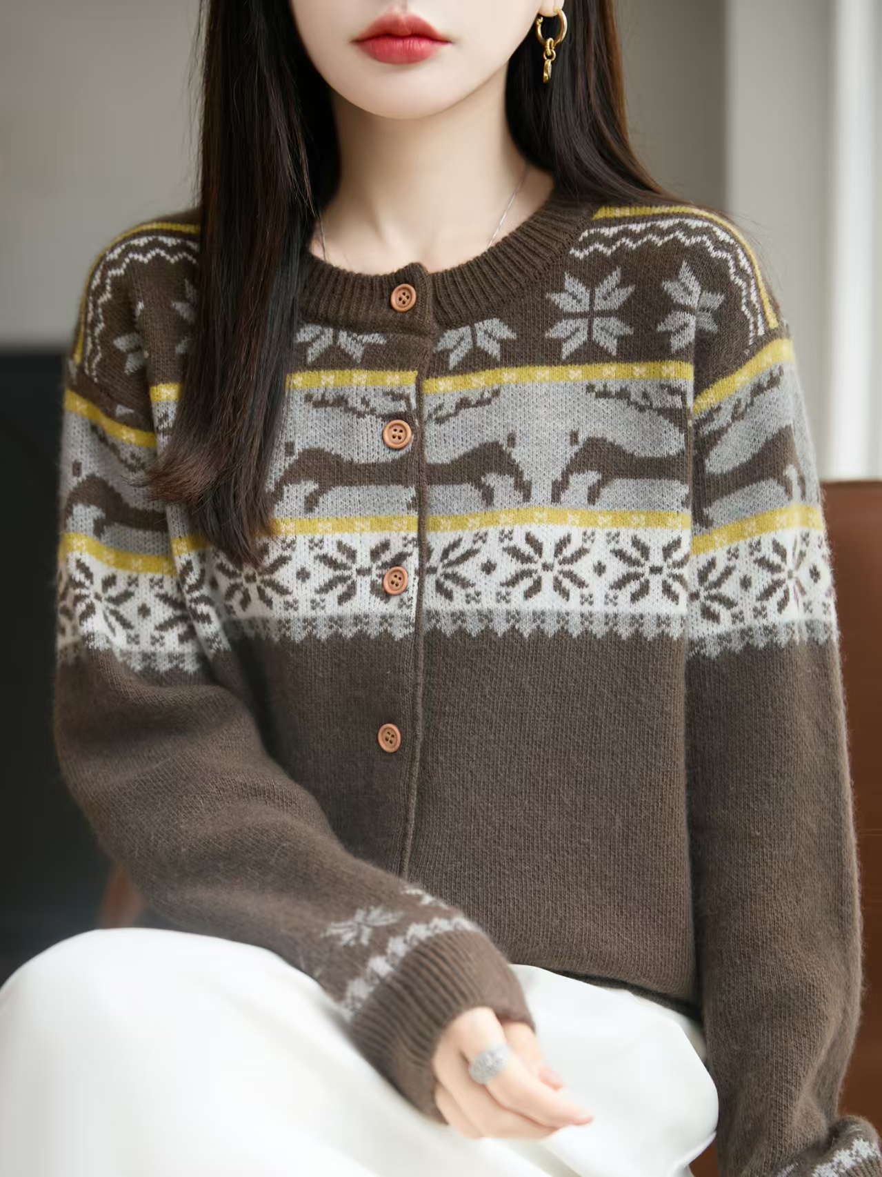 秋冬100分羊毛衫不缩水衫百搭枫叶拼色女装圆领njr-2141