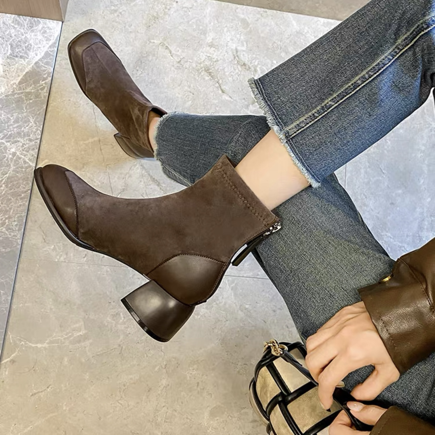 秋冬加绒瘦瘦靴短筒骑士靴单靴靴子马丁靴女靴女防滑方头厚底5cm