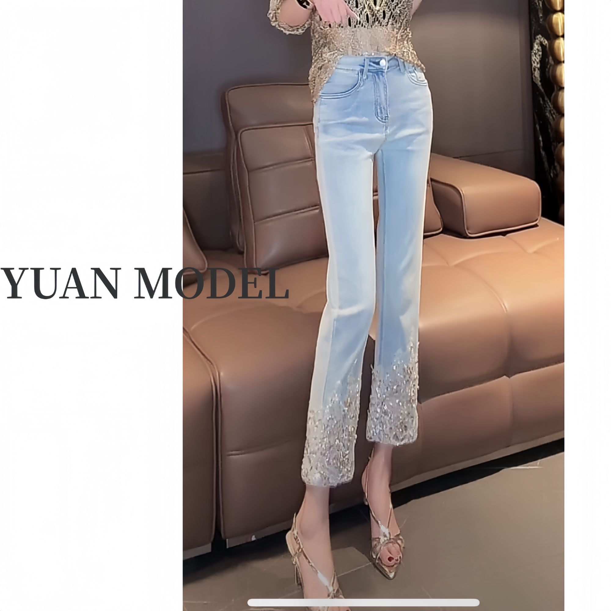 【YUAN MODEL】媛老板-2025春装时尚烫钻牛仔裤九分裤高腰 031892