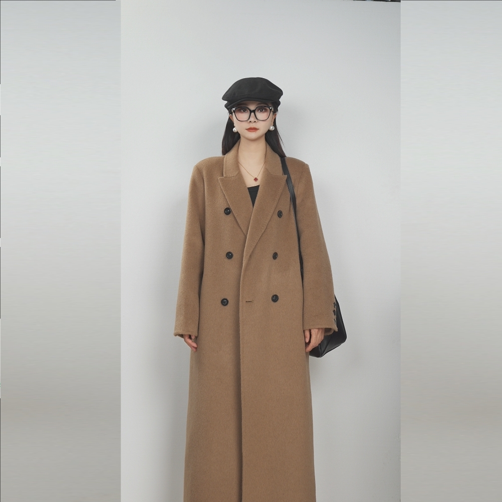 精选正品 100%骆驼绒 【正肩款】垫肩休闲加长款 韩范双面驼绒大衣