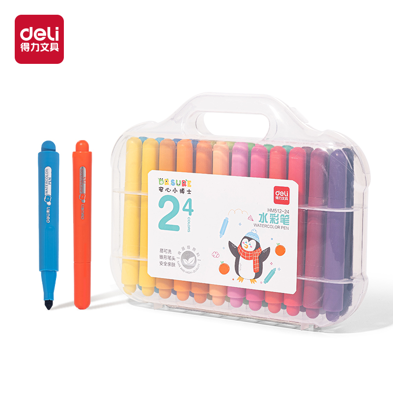 得力HM512水彩笔简约卡通学生绘画三角握笔圆形尖锥头彩色笔