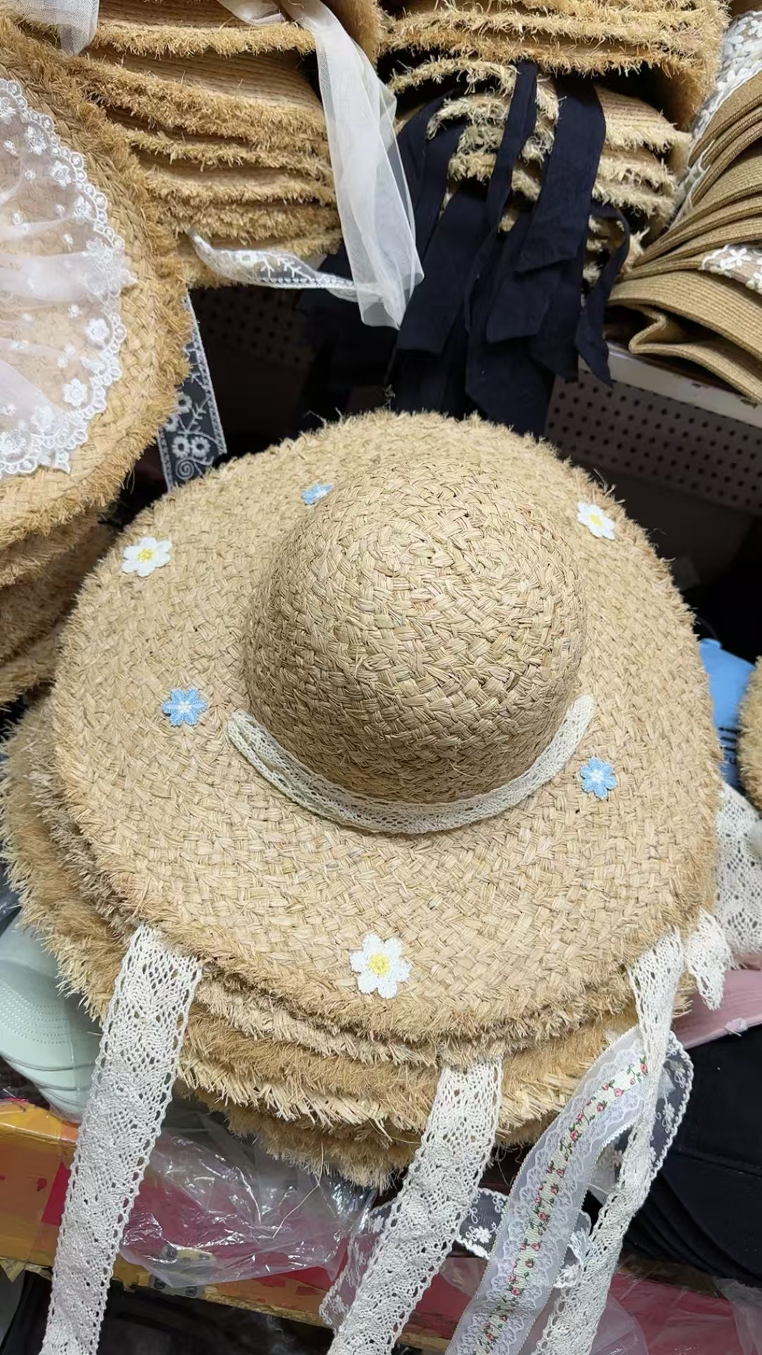 宽檐甜美可爱夏季草帽女平顶帽子蕾丝白色沙滩帽