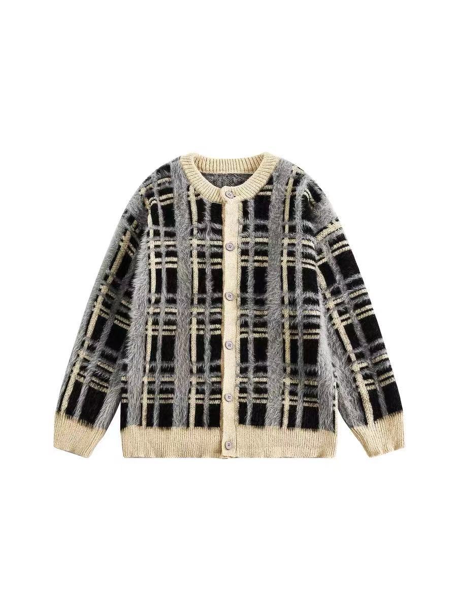 美式复古小香风黑色格纹针织衫外套男女秋冬季慵懒开衫毛衣