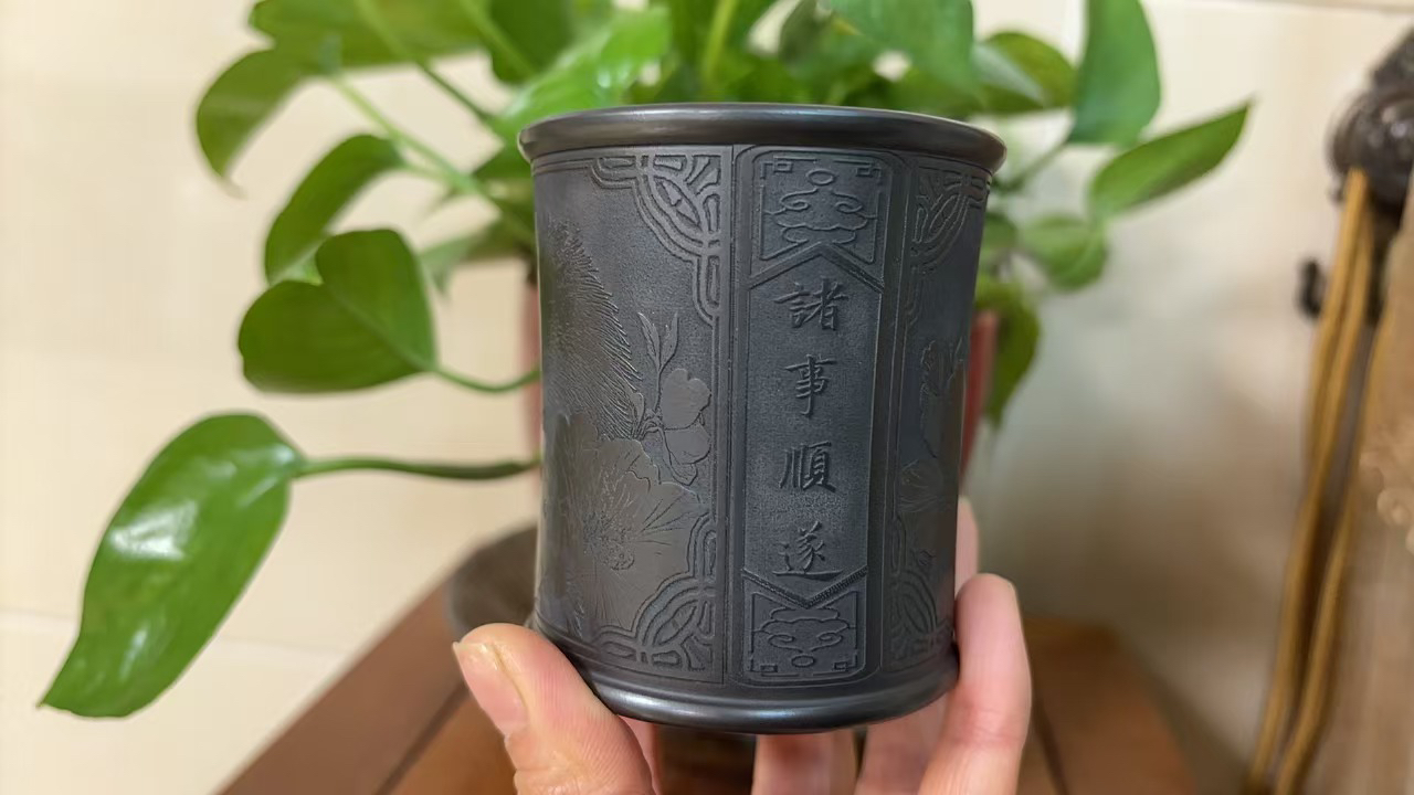 宜兴紫砂原矿石黄竹节 诸事顺遂刻绘容量180c