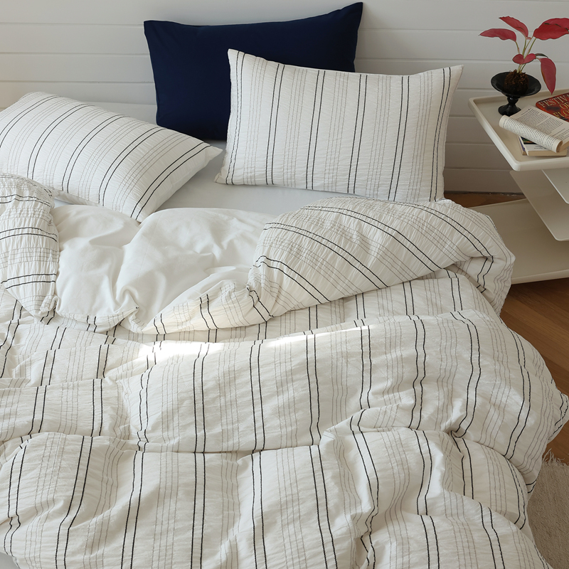 日式简约全棉水洗皱皱纱四件套色织提花线条被套混搭纯棉床上用品
