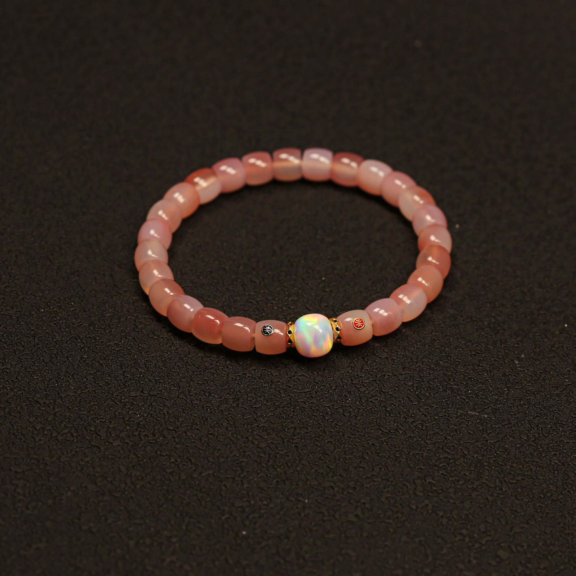 盟盒-粉糯玛瑙 满砂点 8×7mm 精工单圈 