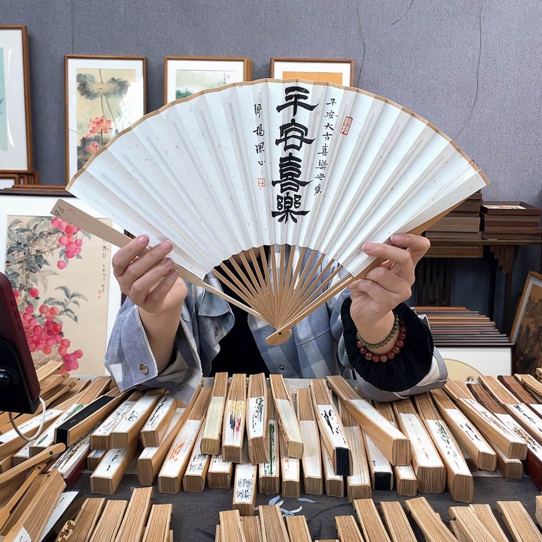 国画95寸玉竹-纯手绘-文玩扇骨（默认粘好）