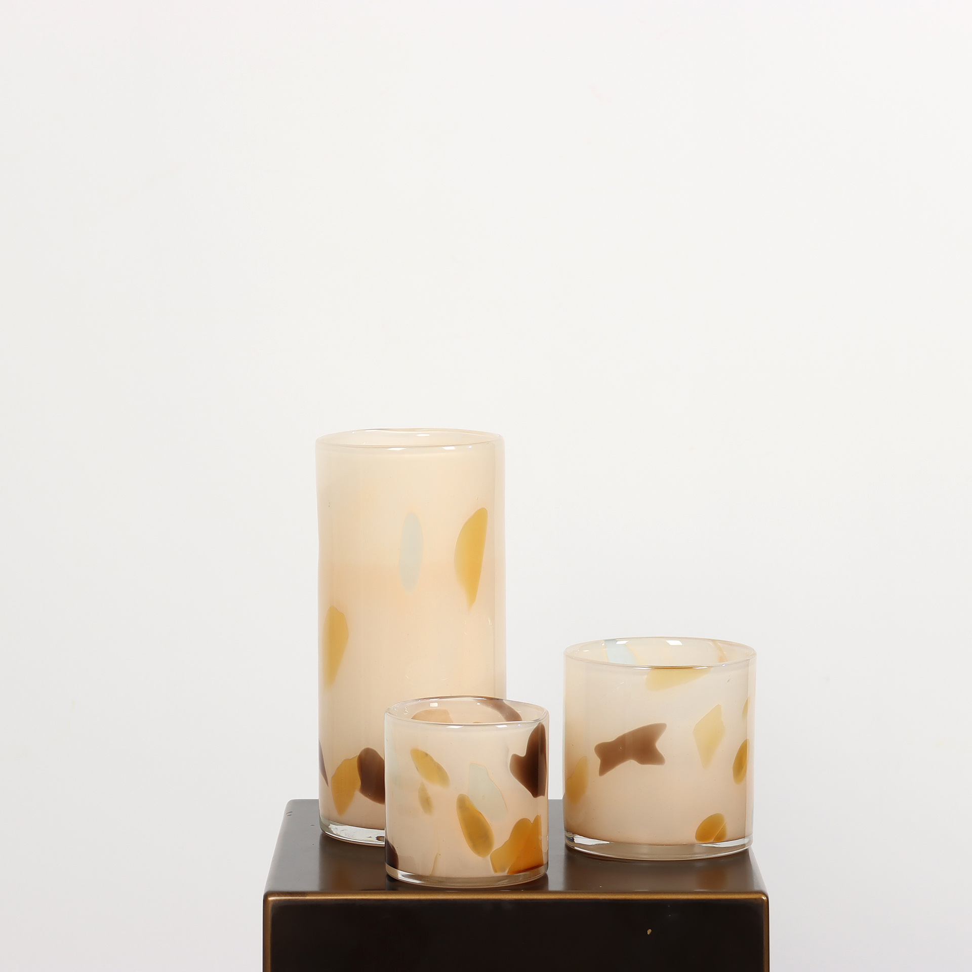 ins奶黄彩点直筒花瓶蜡烛杯组合手工琉璃花器插花摆件玻璃瓶家居