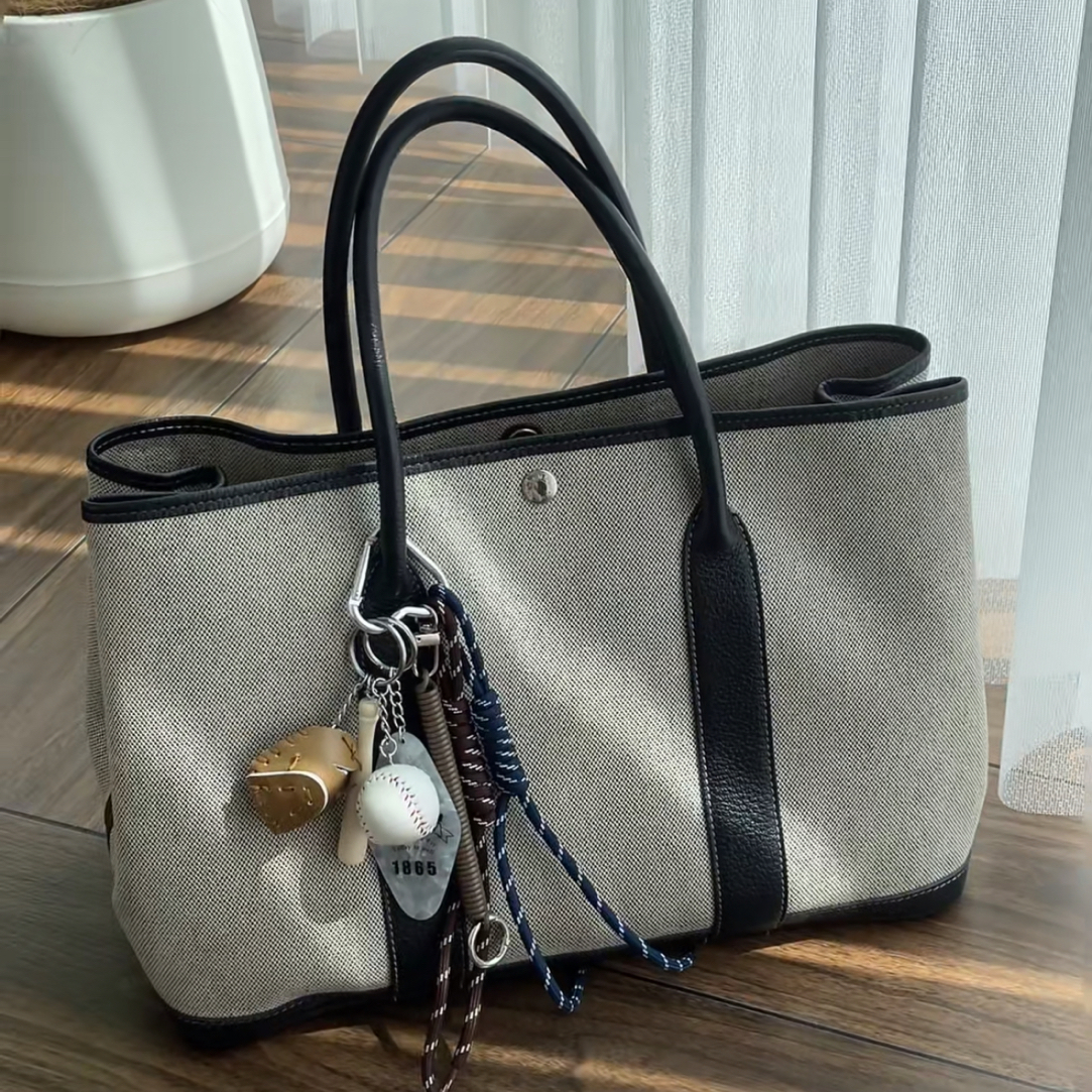 95新 Hermes/爱马仕 花园36拼色帆布手提包 框J 银扣33814