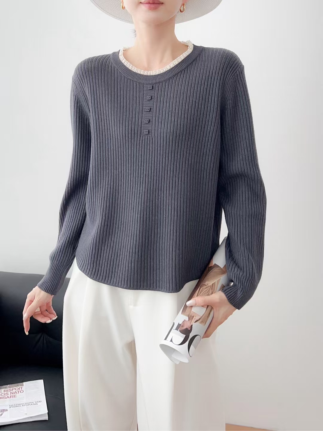 90779圆领针织简约宽松套头纯色秋冬