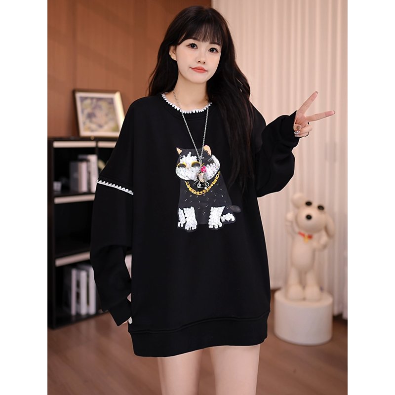 【常规】【加绒】金钱猫花边刺绣卫衣女2025新款秋冬设计感宽松上衣