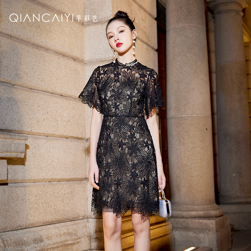 【芊彩艺】Y24036礼服裙女收腰修身优雅气质显瘦蕾丝复古国风连衣裙