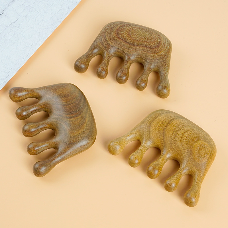 易昂绿檀小胖手经络按摩梳绿檀木梳檀木五齿球头颈部头部按摩刮痧