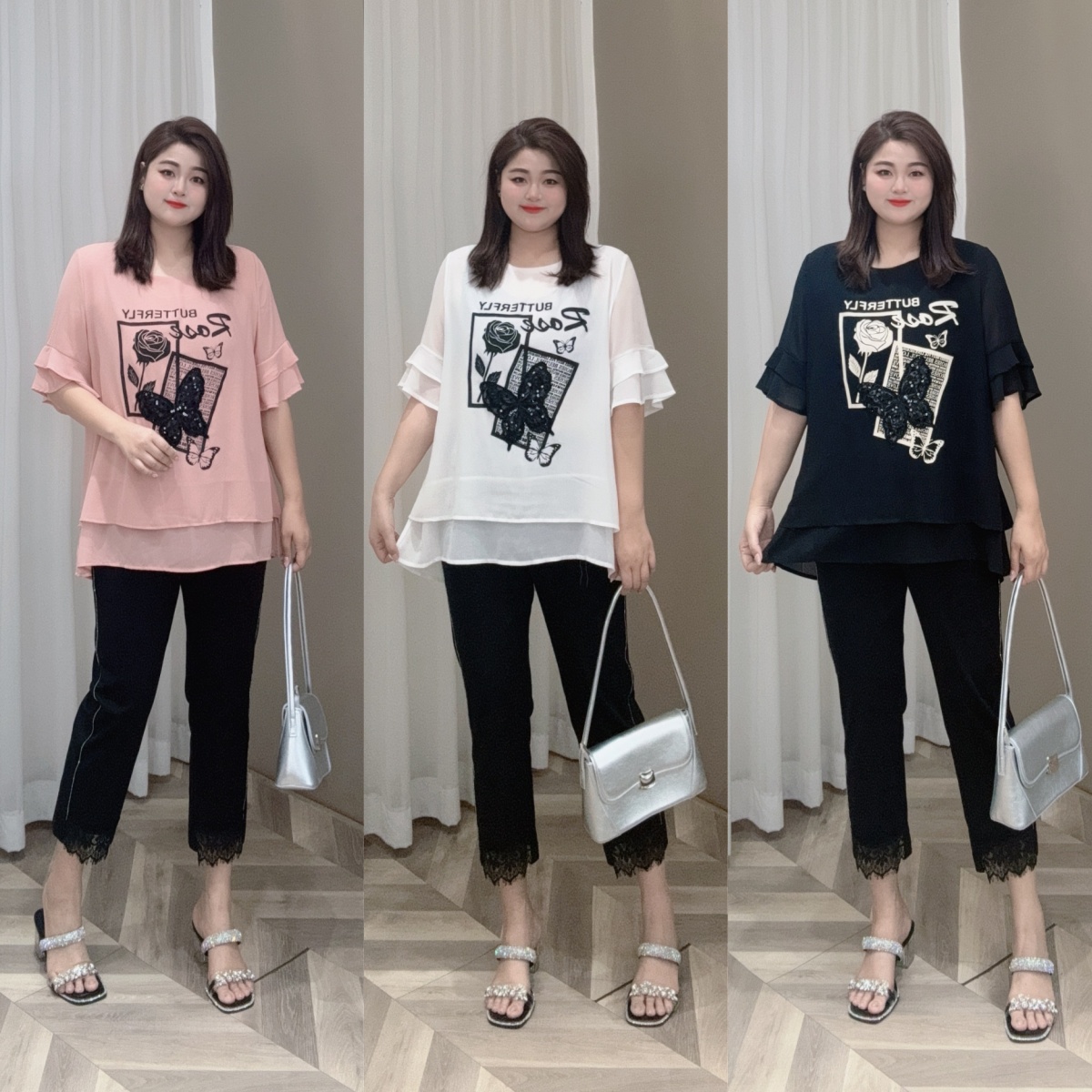 PWD32861【现货仅上衣】新款玫瑰与蝴舞甜美梦幻气质大码【衣长72】