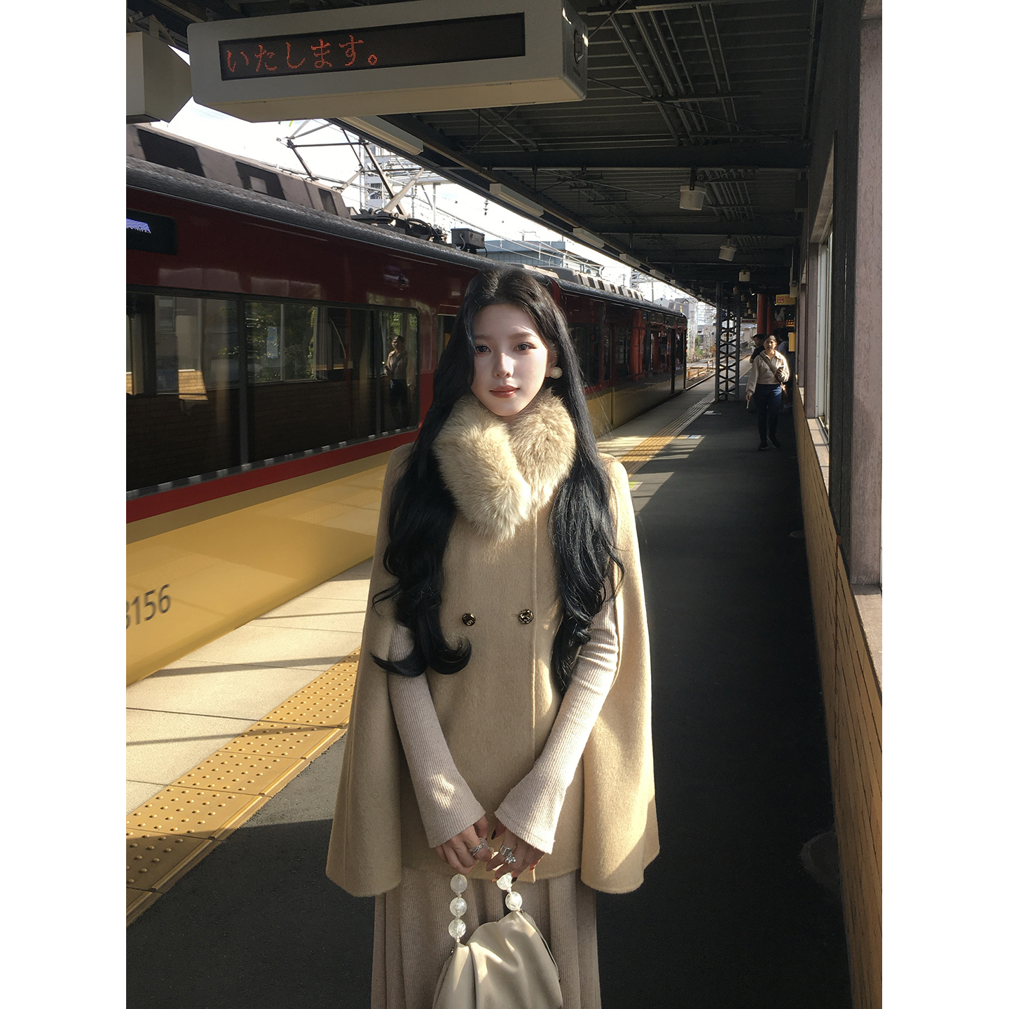 ICELOLLY【财阀千金】双面呢羊毛斗篷大衣2025新款秋冬狐狸毛领外套