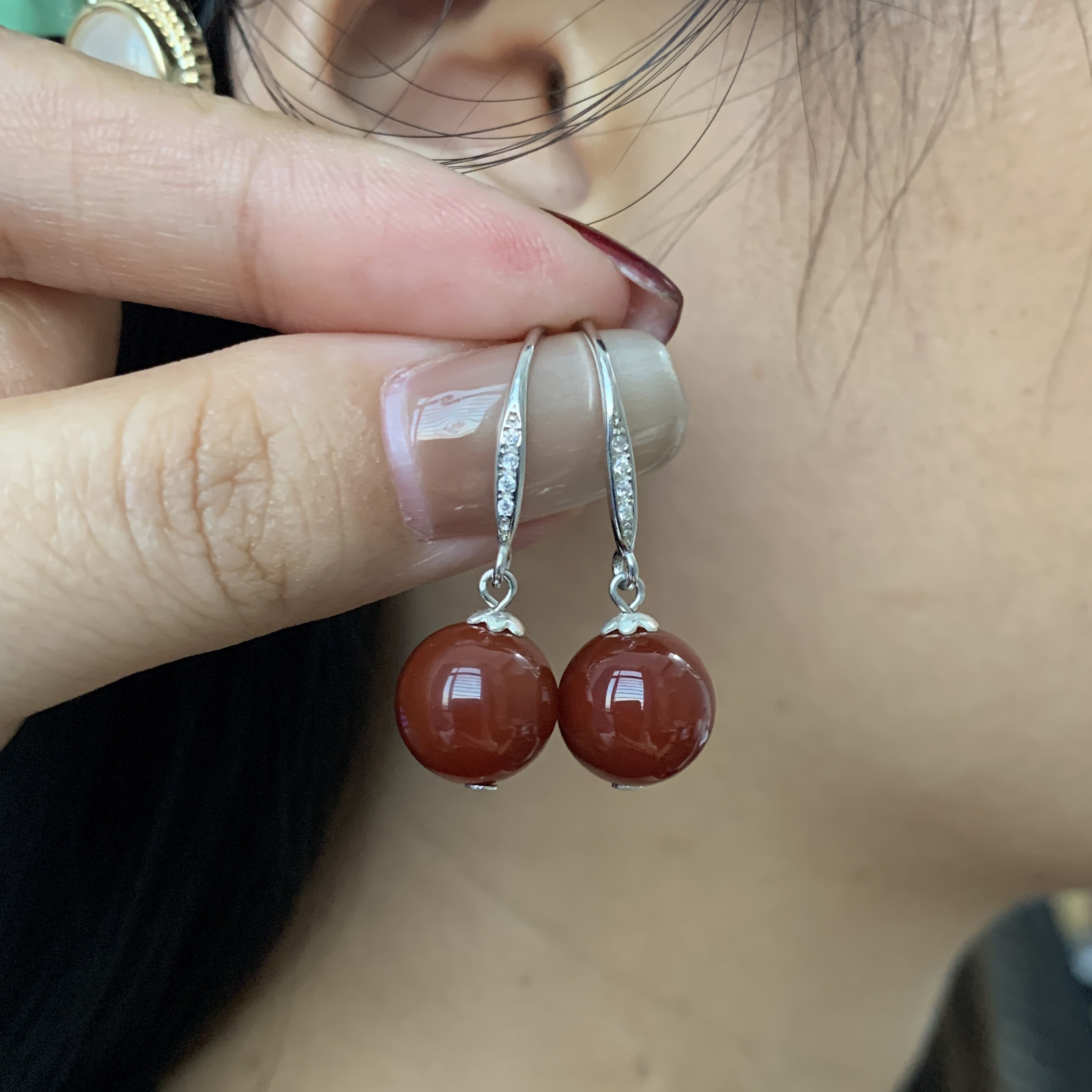 天然川料红玛瑙满肉珠径卡10mm左右S925银通体时尚大方百搭气质