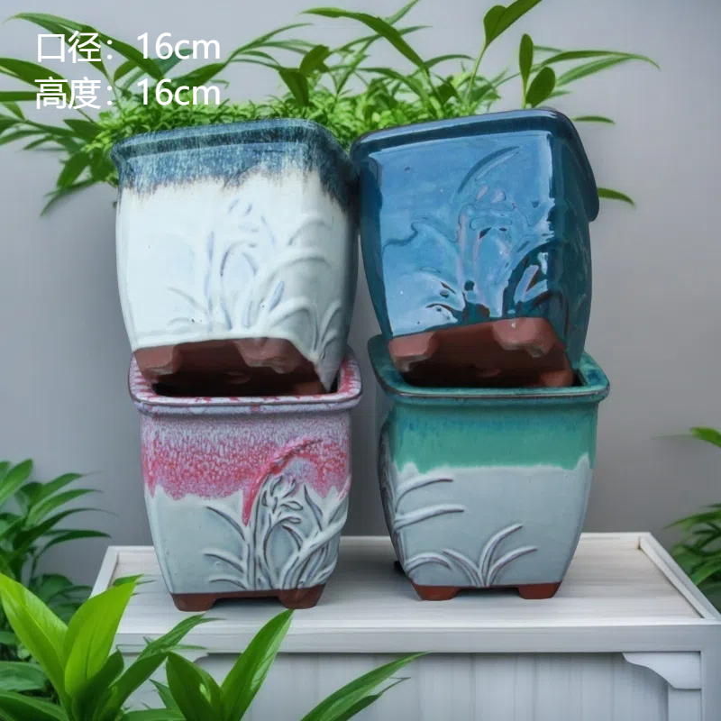 宜兴紫砂粗陶手工方盆口径16高度16四个组合鲜花绿植多肉陶瓷盆