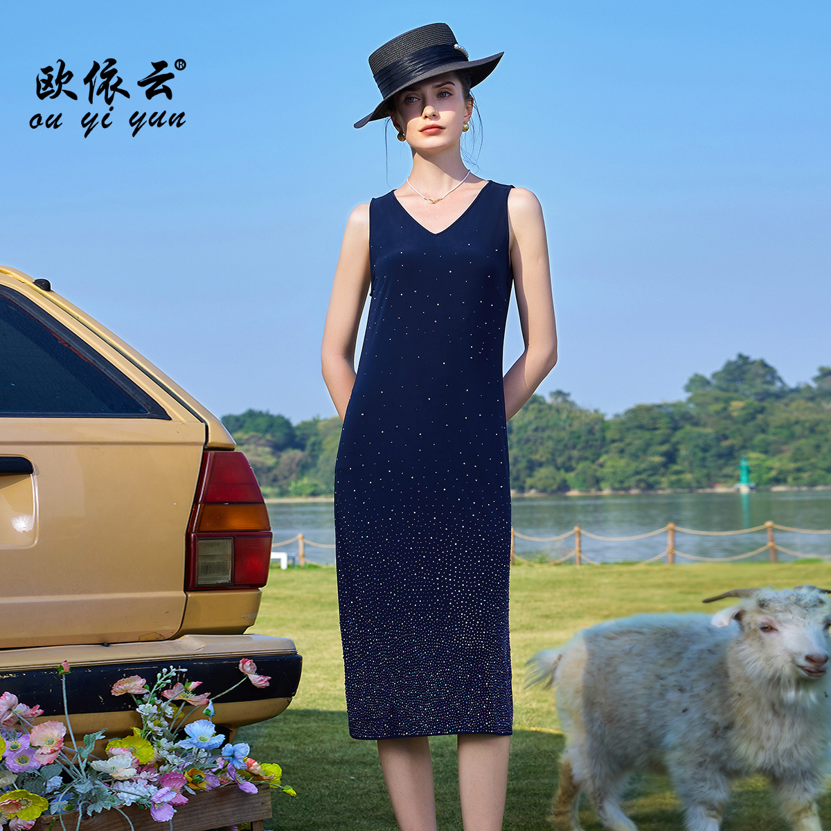 50153欧依云吊带背心裙女长款修身妈妈无袖打底裙中老年坎袖长裙