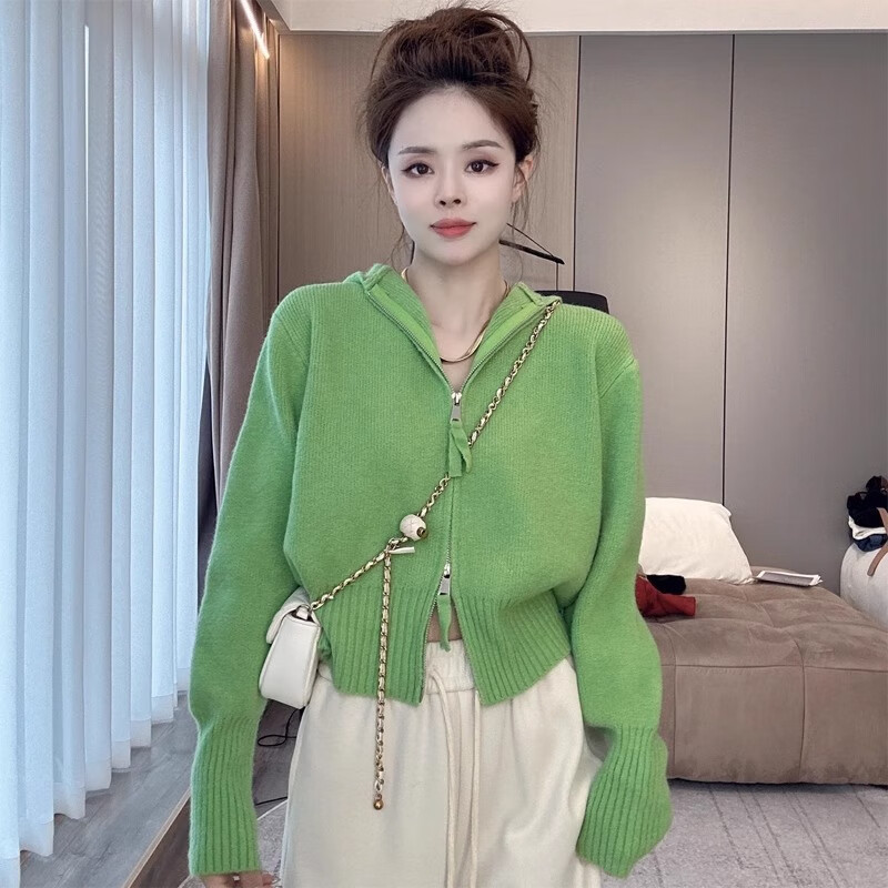 慵懒风软糯拉链连帽毛衣外套女春秋新款时尚减龄针织开衫上衣