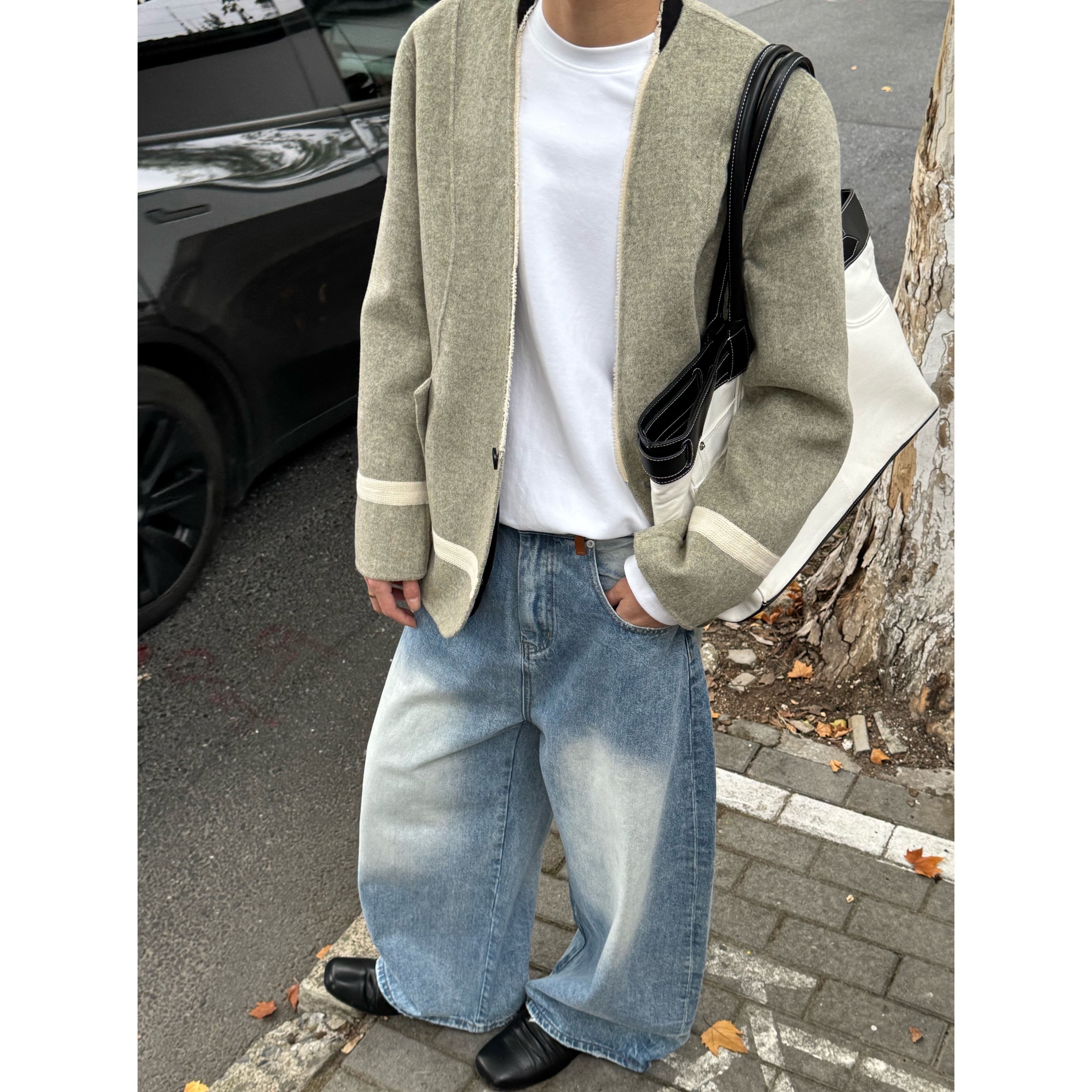 流光绿韩都落雪MJL男女人字纹小众高级拼接人字纹羊毛轮廓外套