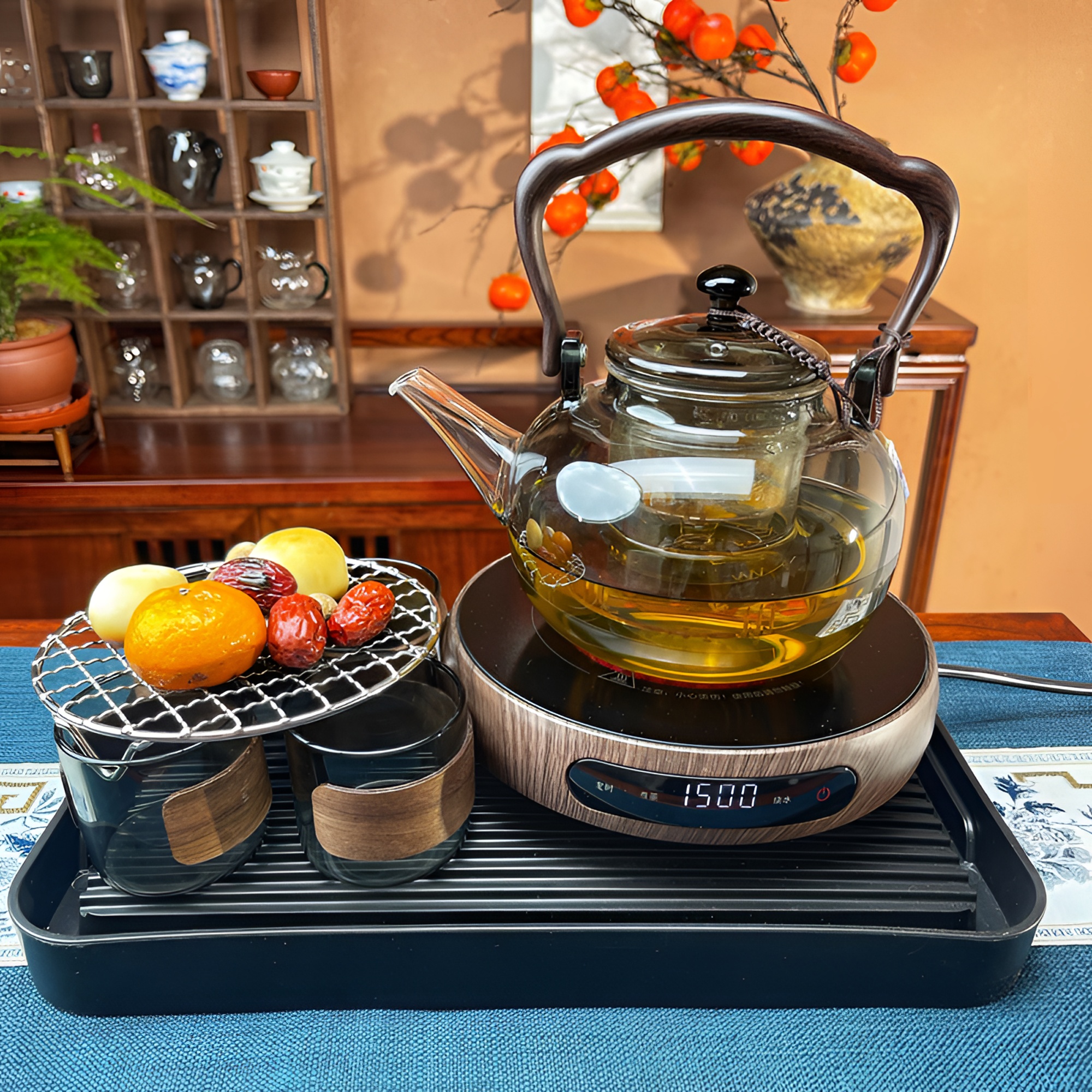 唐戈超薄炉1500瓦大功率电陶炉+1200毫升蒸煮一体壶满圆壶套装