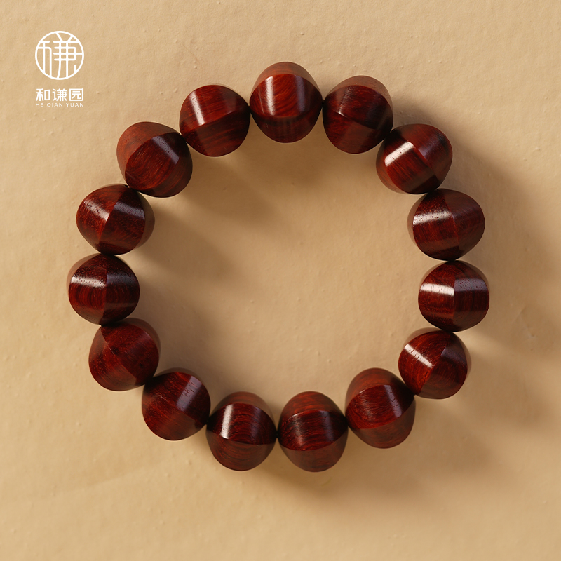 印度小叶紫檀（檀香紫檀）三味线百年琴料 六面珠单圈手串15.5×18