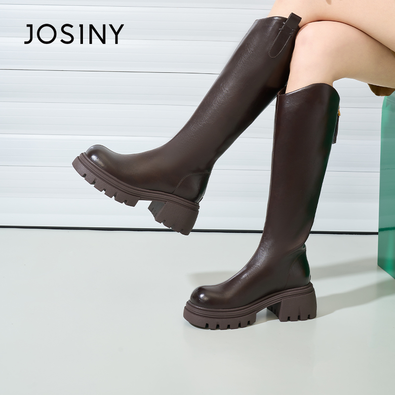 卓诗尼不过膝长筒靴女2025冬季新款小个子增高中跟厚底软底时装靴