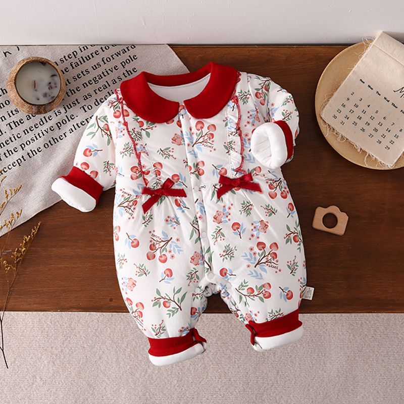 女哈衣爬服新生儿过年喜庆连体服加厚冬装加绒新生儿