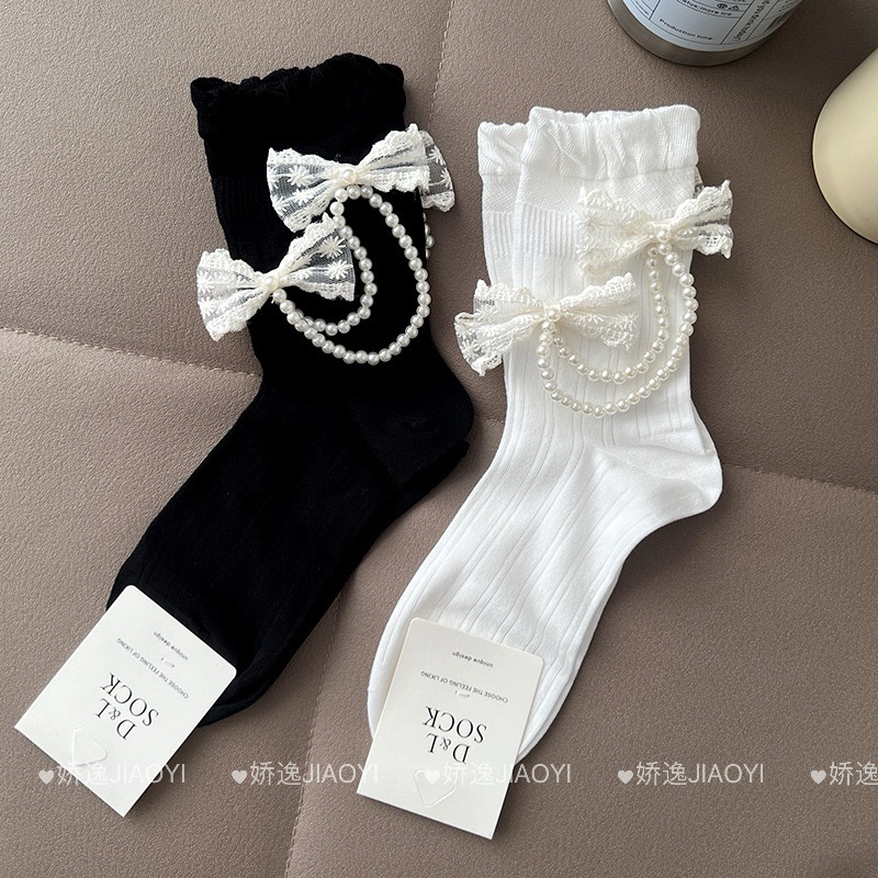 袜子女韩版甜美双珍珠蝴蝶结饰品中筒袜春夏氧气公主风时尚长筒袜