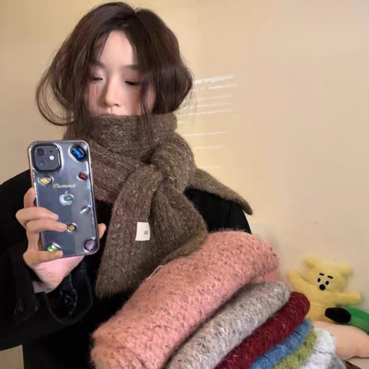 秋冬含羊毛围巾女秋冬季高级感法式针织纯色百搭女厚款森系围脖