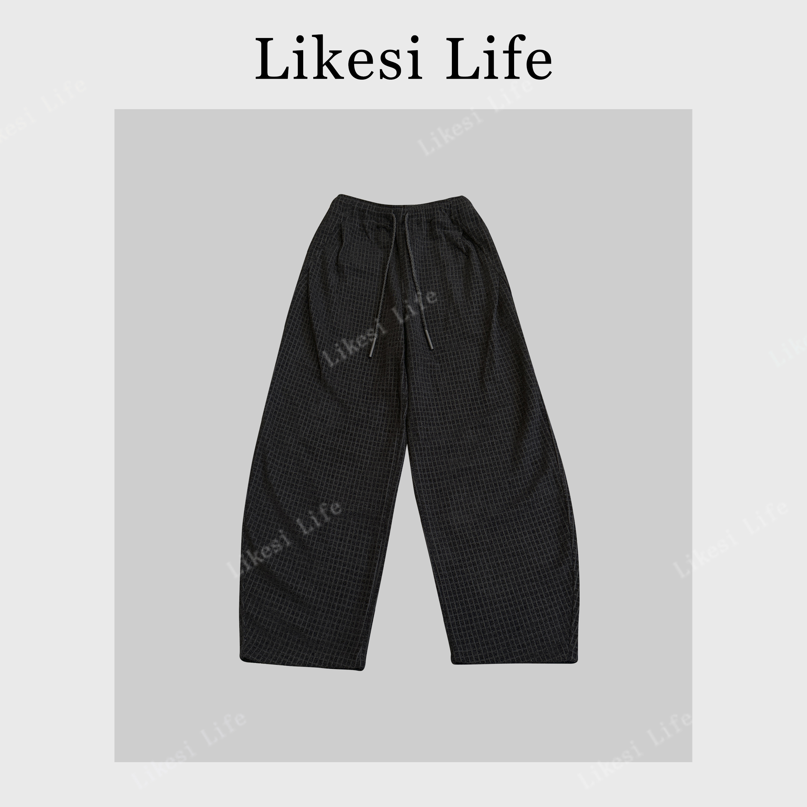 LIKESI CHECKED PANTS阔版复古绒感格纹裤立体剪裁百搭阔腿裤8276