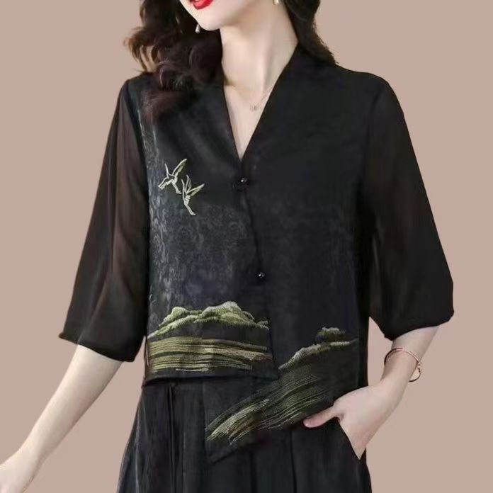 宽松型直下摆刺绣透气立领短外套唐装女装洋气日奢风L97