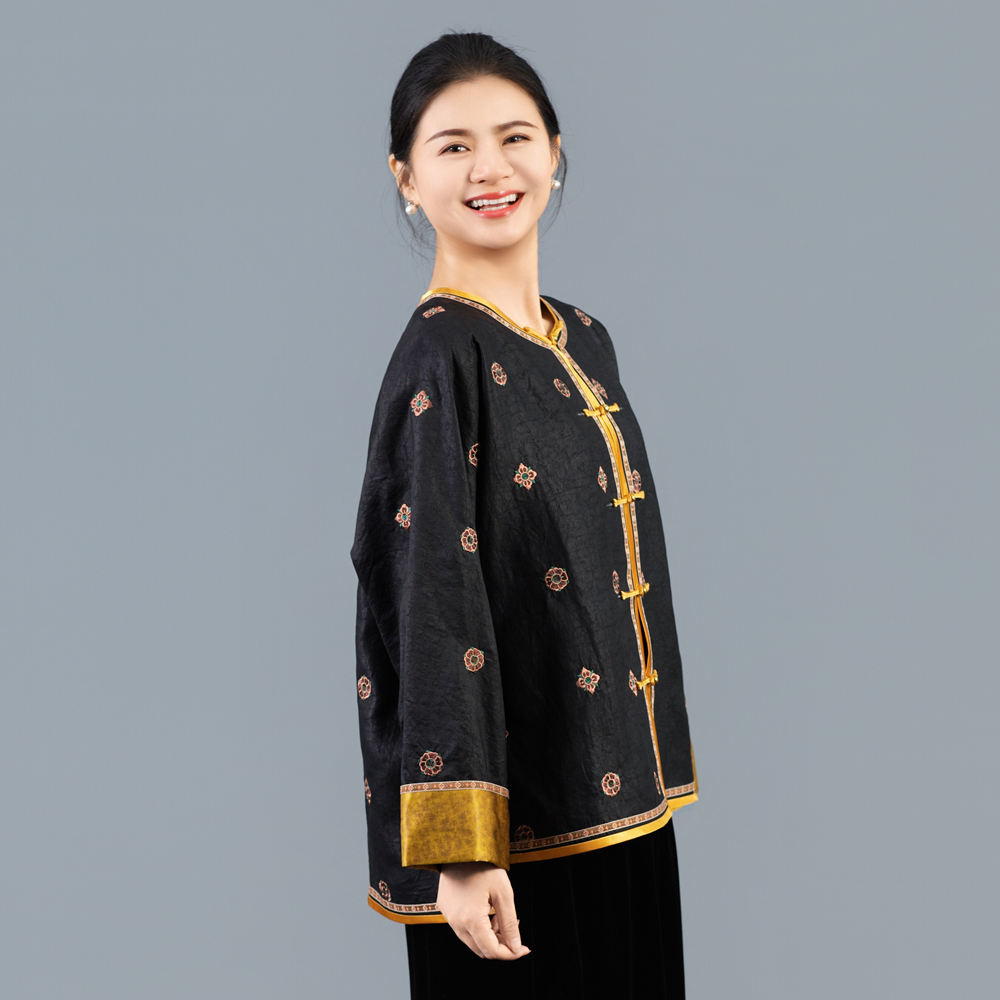 【黑琵琶】黑龟直襟碎花刺绣长袖上衣秋季提花中式民族风250832T
