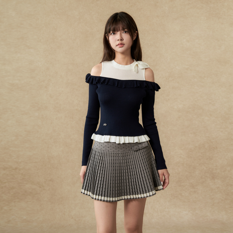 西町村屋甜美针织衫女2025冬季新款荷叶边拼接系带小衫XAAD10116