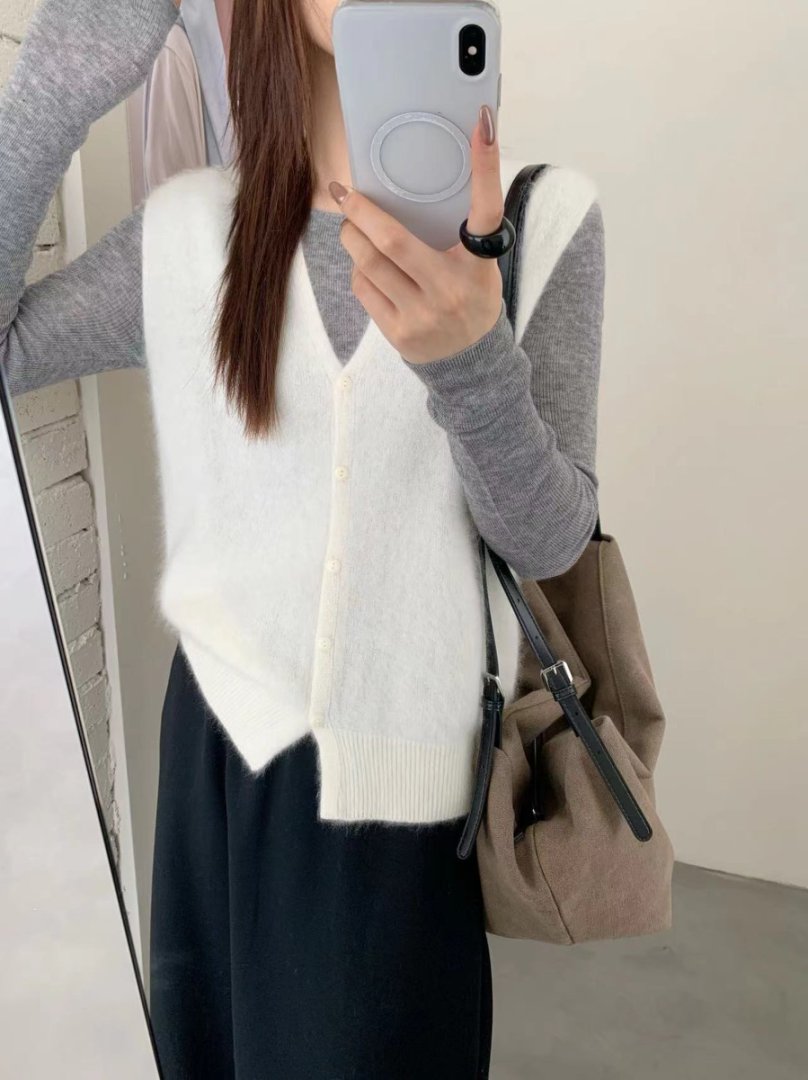 【素简.980105】秋冬新款无缝一体山羊绒+绵羊毛拉毛马甲女装针织衫