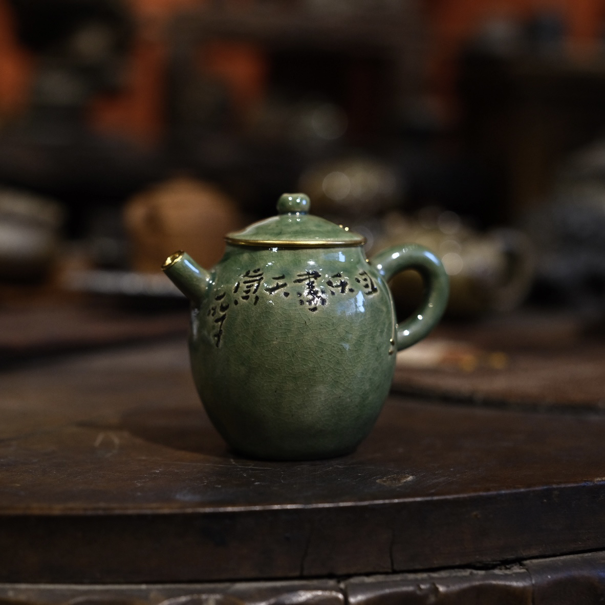 原创孤品瓷泥釉绿包金小壶90ml