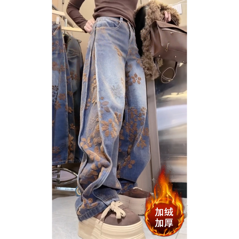 Aimeerosa/艾洛莎秋冬加绒洋气立体剪裁牛仔裤高腰重工刺绣阔腿裤