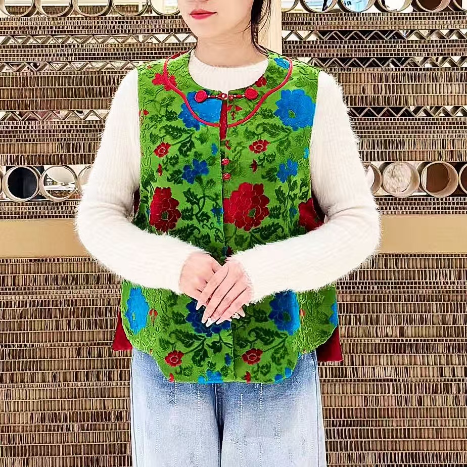 【锦绣】绿底缠枝牡丹花漳缎马甲 新中式国风复古马甲