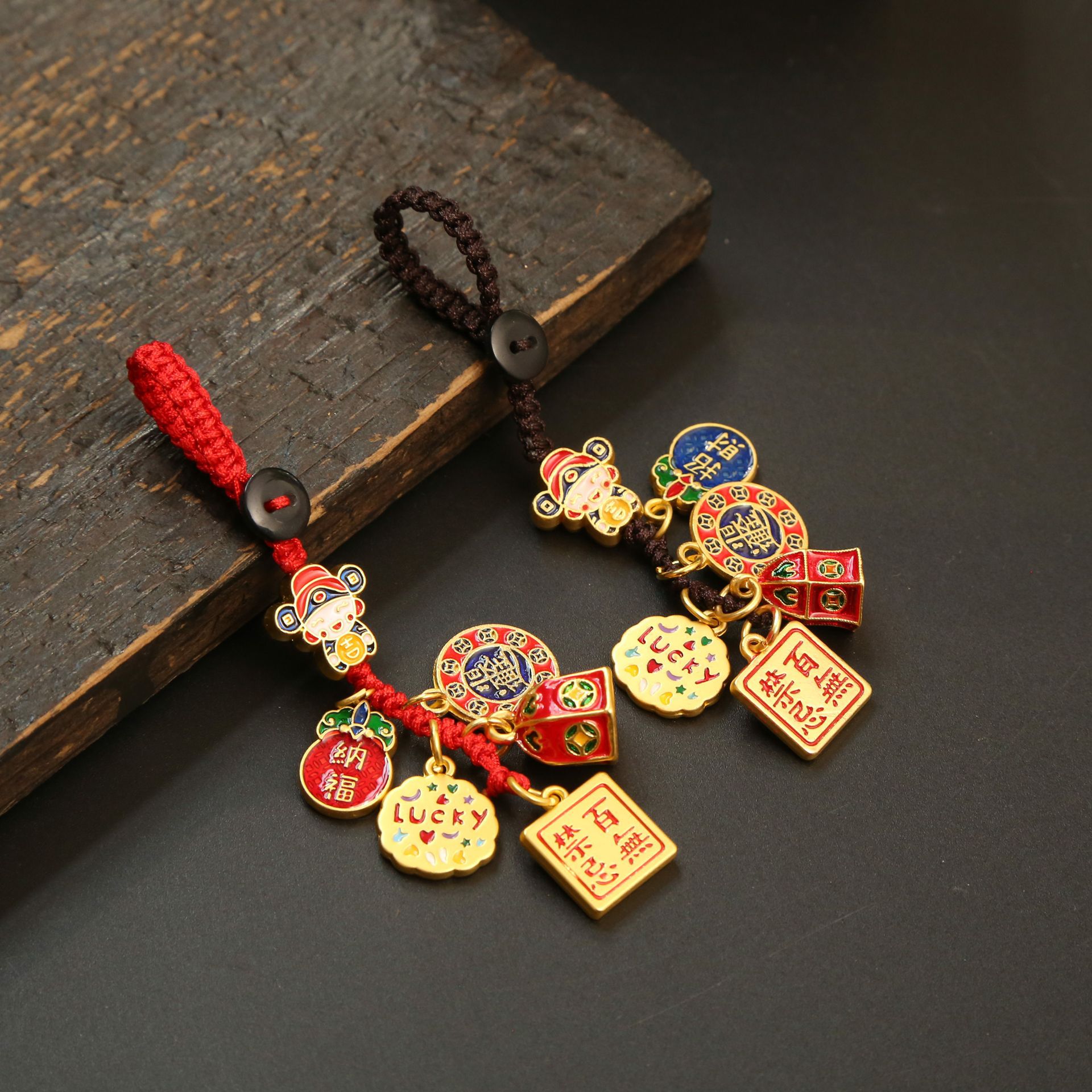 铜制复古风沙金小财神挂饰本命年情侣钥匙扣国潮礼品黄铜椭圆造型