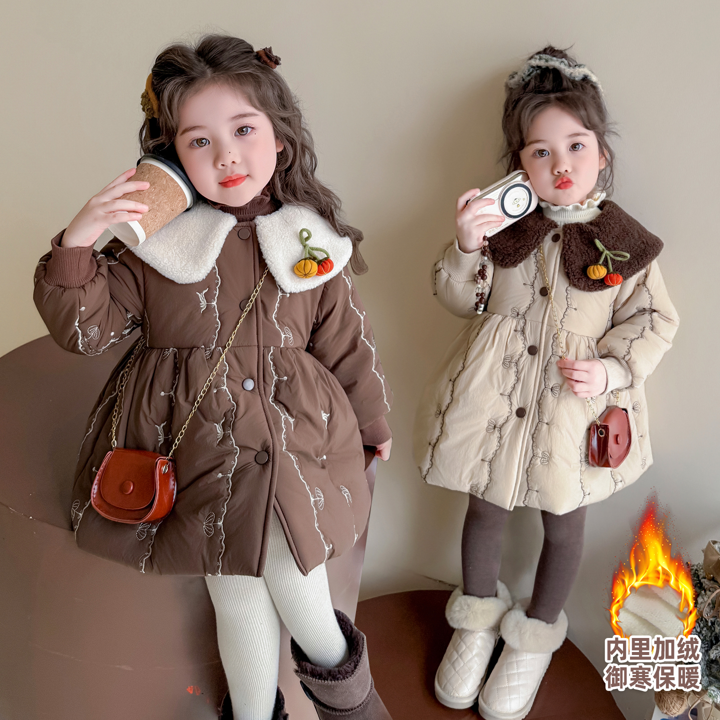 女童冬季南瓜绗绣加绒棉衣2025新款大翻领刺绣棉服冬季保暖厚外套