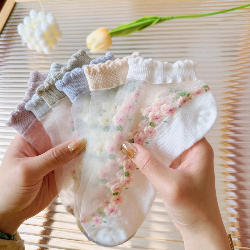 【爆！9·9五双】薄款卡丝袜夏季花边水晶船袜透气吸汗短袜袜子女船袜