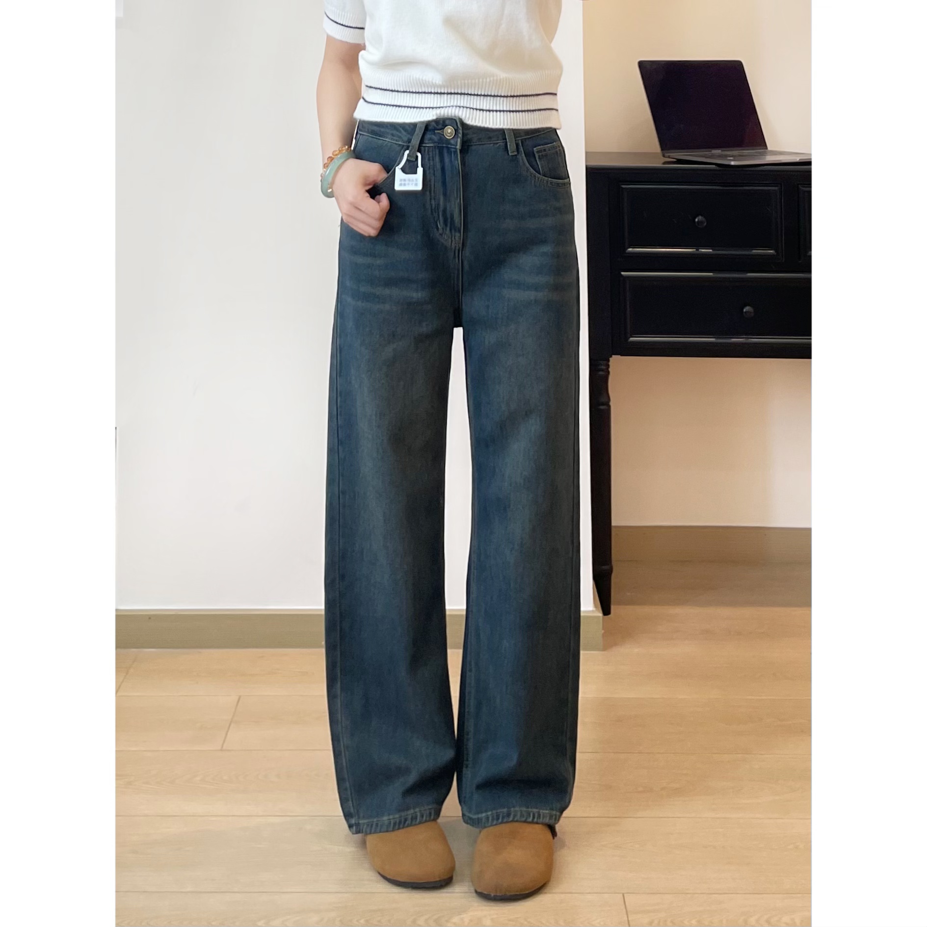 小个子窄版阔腿牛仔裤女早秋梨型身材大码胖mm遮胯显瘦直筒拖地裤