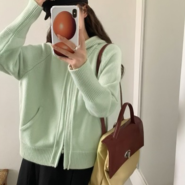 玲姐定制-连帽抽绳款双拉链双口袋纯色百搭针织开衫442736