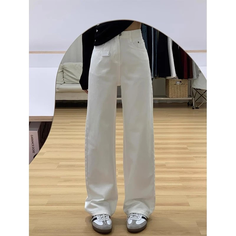 【YKK拉链】白色窄版阔腿牛仔裤女秋高腰显瘦宽松垂感小个子直筒裤