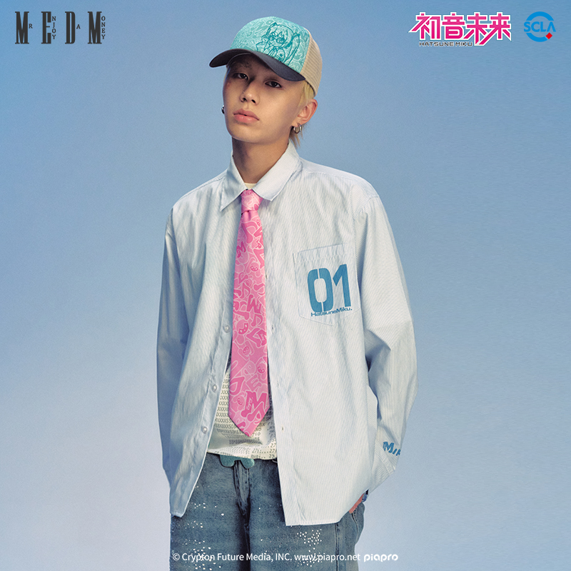 MEDMx初音未来条纹音符长袖衬衫新款国潮设计感宽松休闲男款上衣