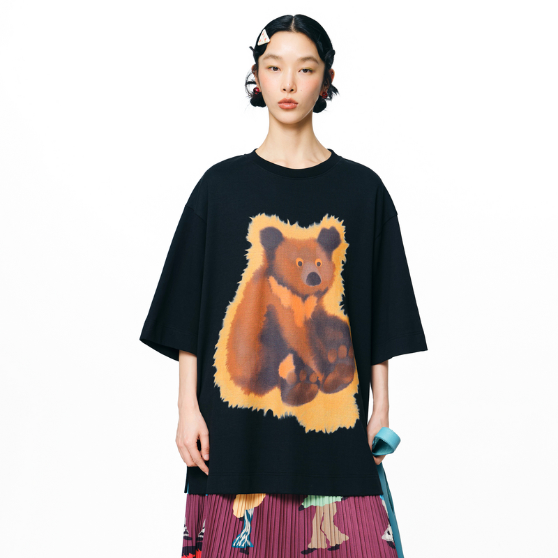 MOVEUP幻走2025秋季新款.FUN圆领趣味熊印花中长款T恤女3EWQ10522