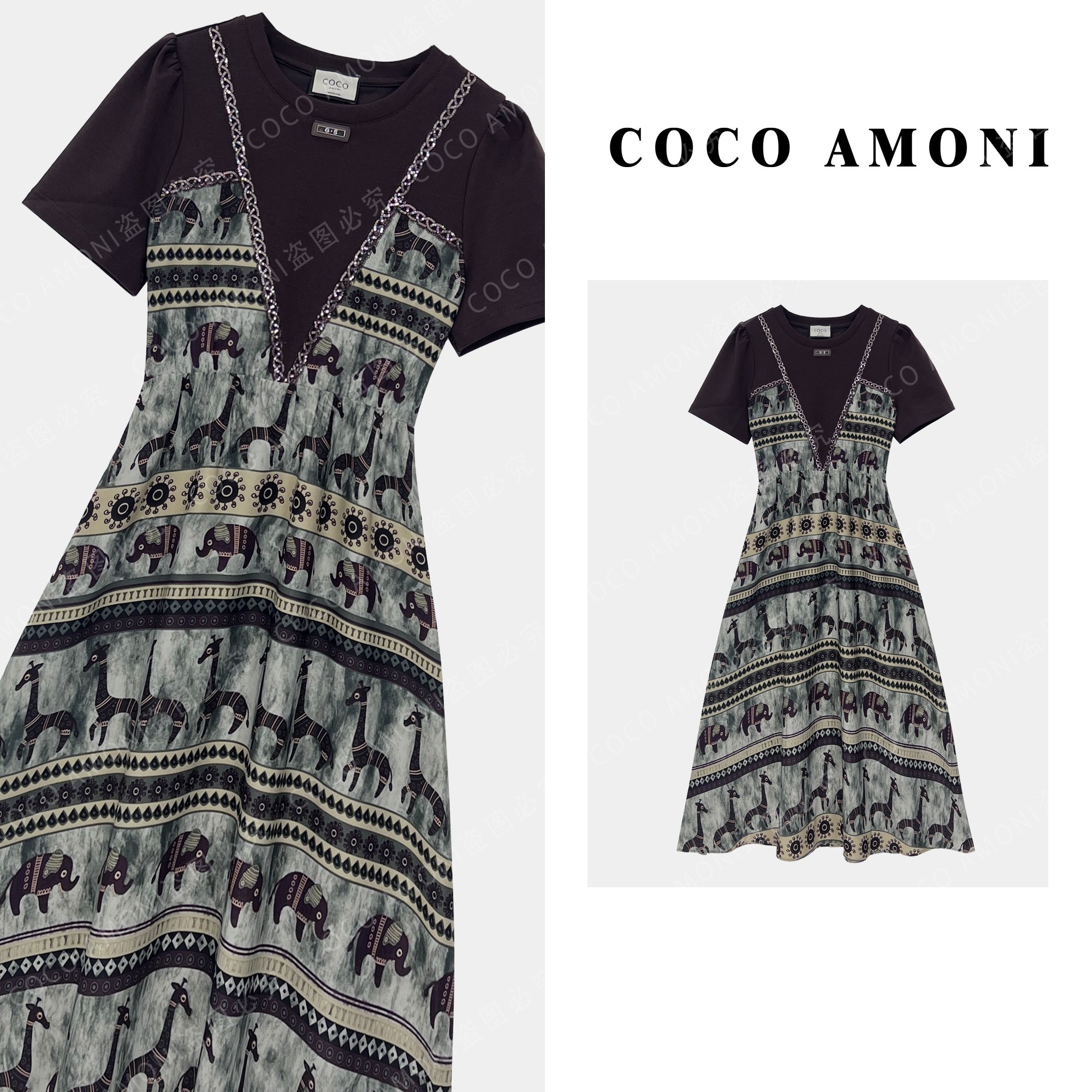 [曼姐]夏日爆款高级设计女装拼接拉绳收腰显瘦气质连衣裙ZC654