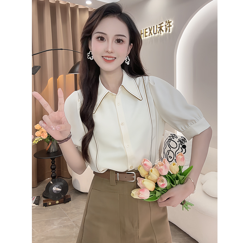 韩系POLO领小清新撞色衬衫女2024夏季新款设计感小个子短袖上衣潮