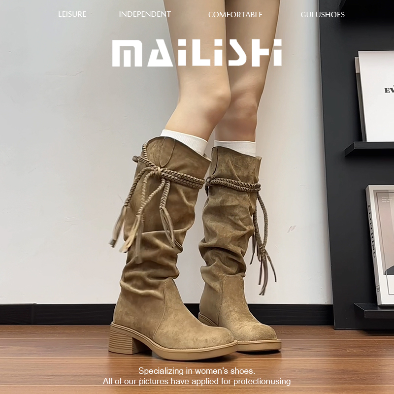 堆堆瘦瘦靴2025爆款时尚厚底黑色百搭高筒靴弹力靴网红流苏骑士靴