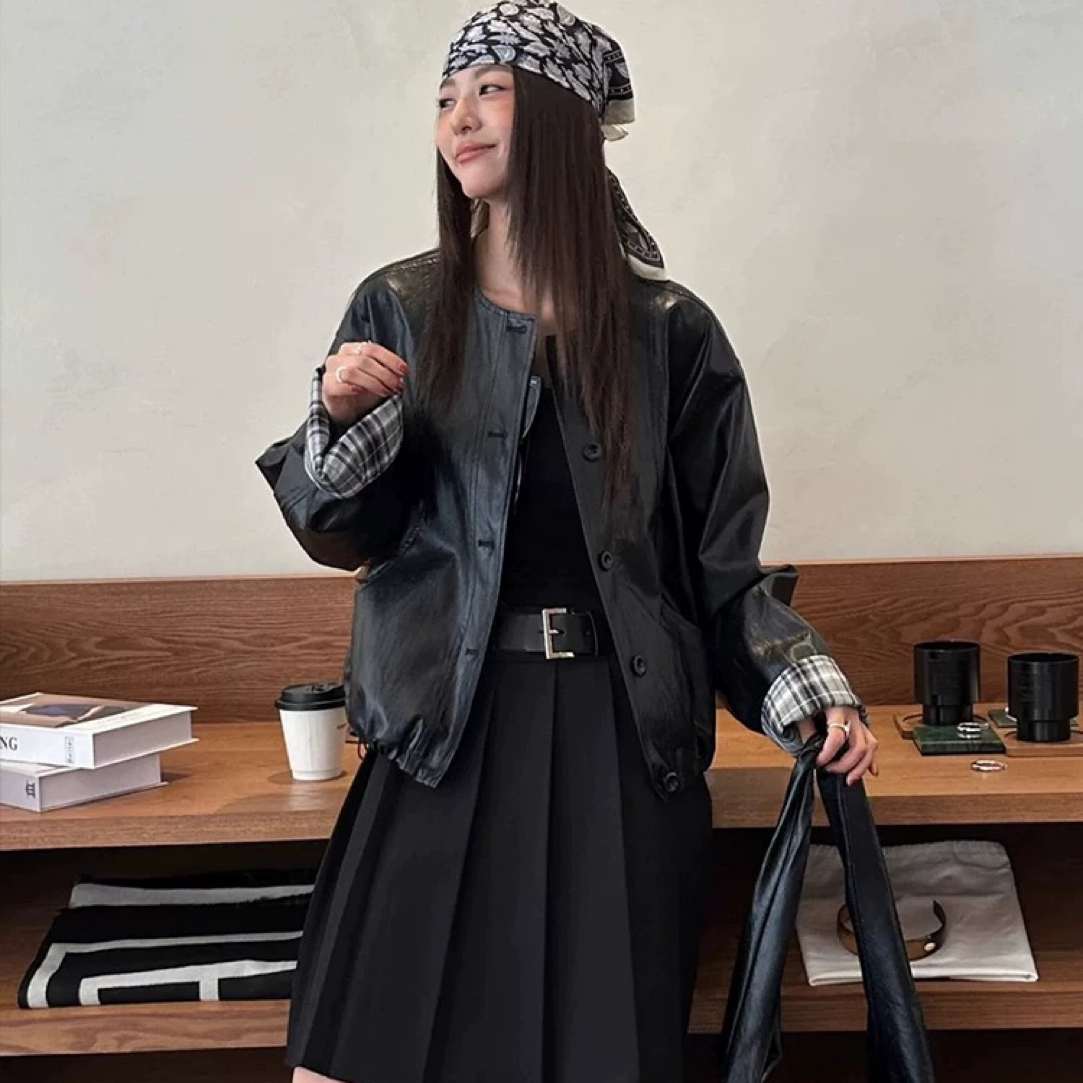 【mw1340】高品质欧货PU蛋白皮格子拼接配包皮衣短外套女款显瘦夹克